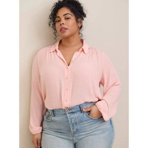 Torrid Madison Washable Gauze Crepe Embroidered Long Sleeve Shirt Pink 4X NEW - Picture 6 of 7